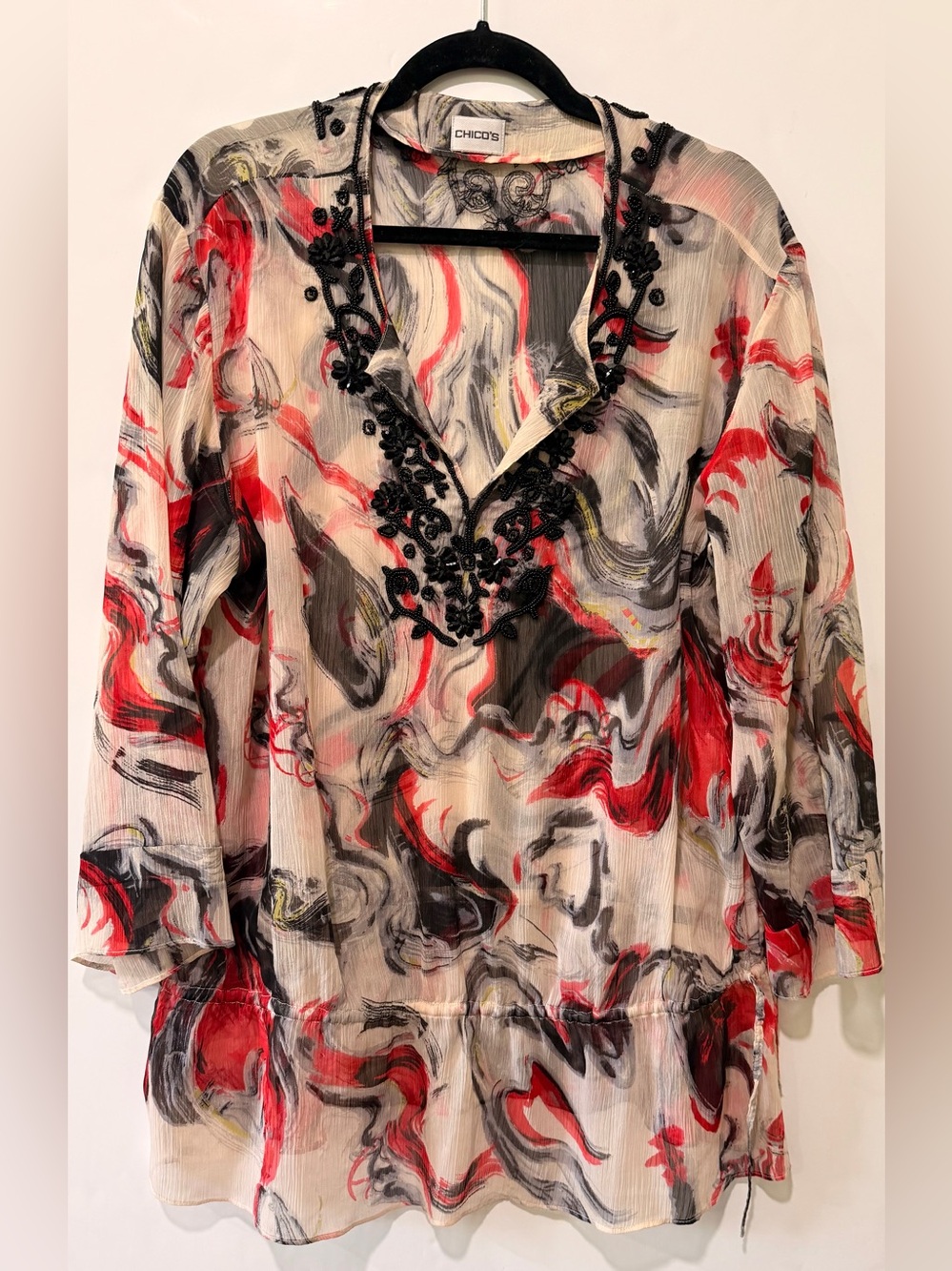 Chico's Beaded V-Neck Sheer Chiffon Drop Waist Tunic Top Abstract Size 3 (XL/16)
